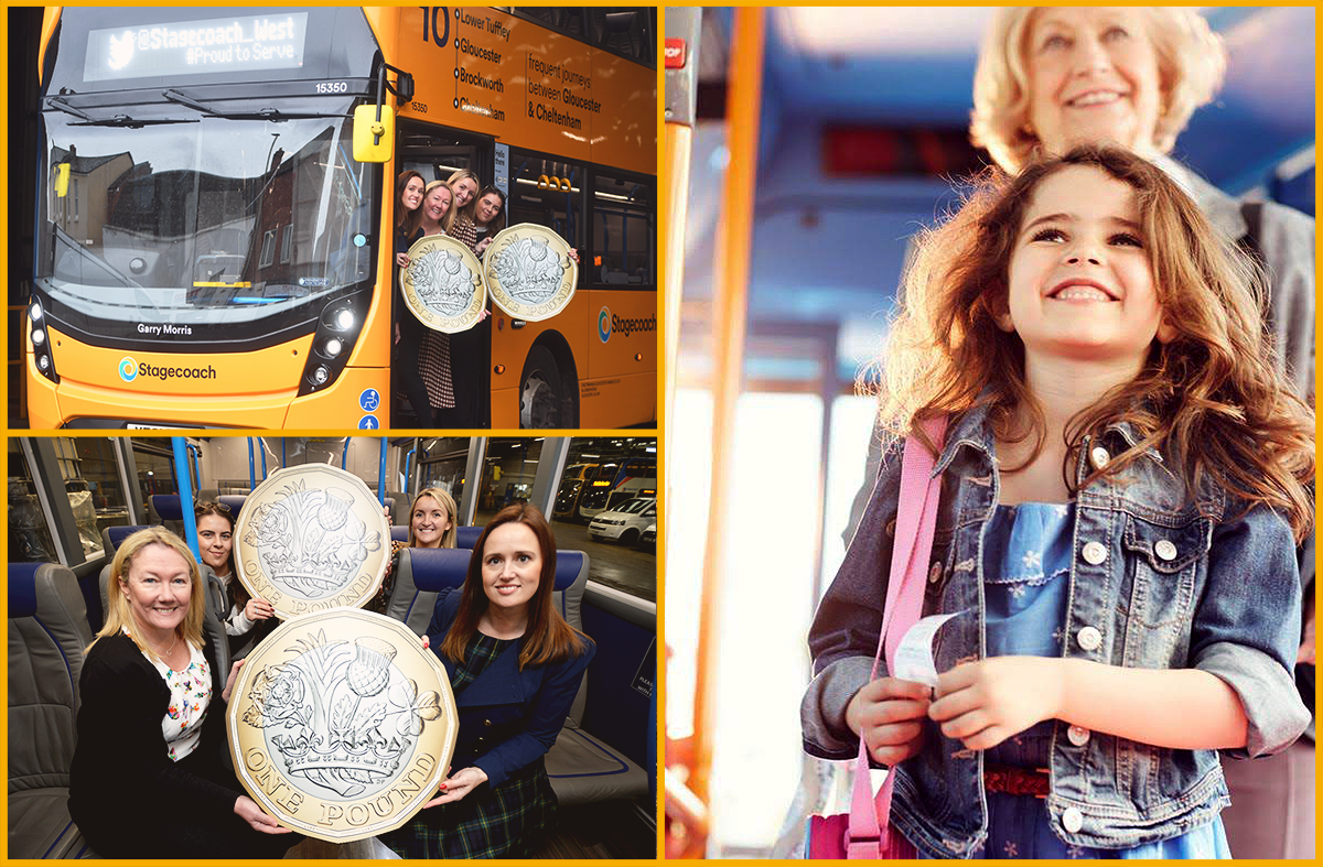 Stagecoach team members holding large two pound coins on board a Stagecoach bus